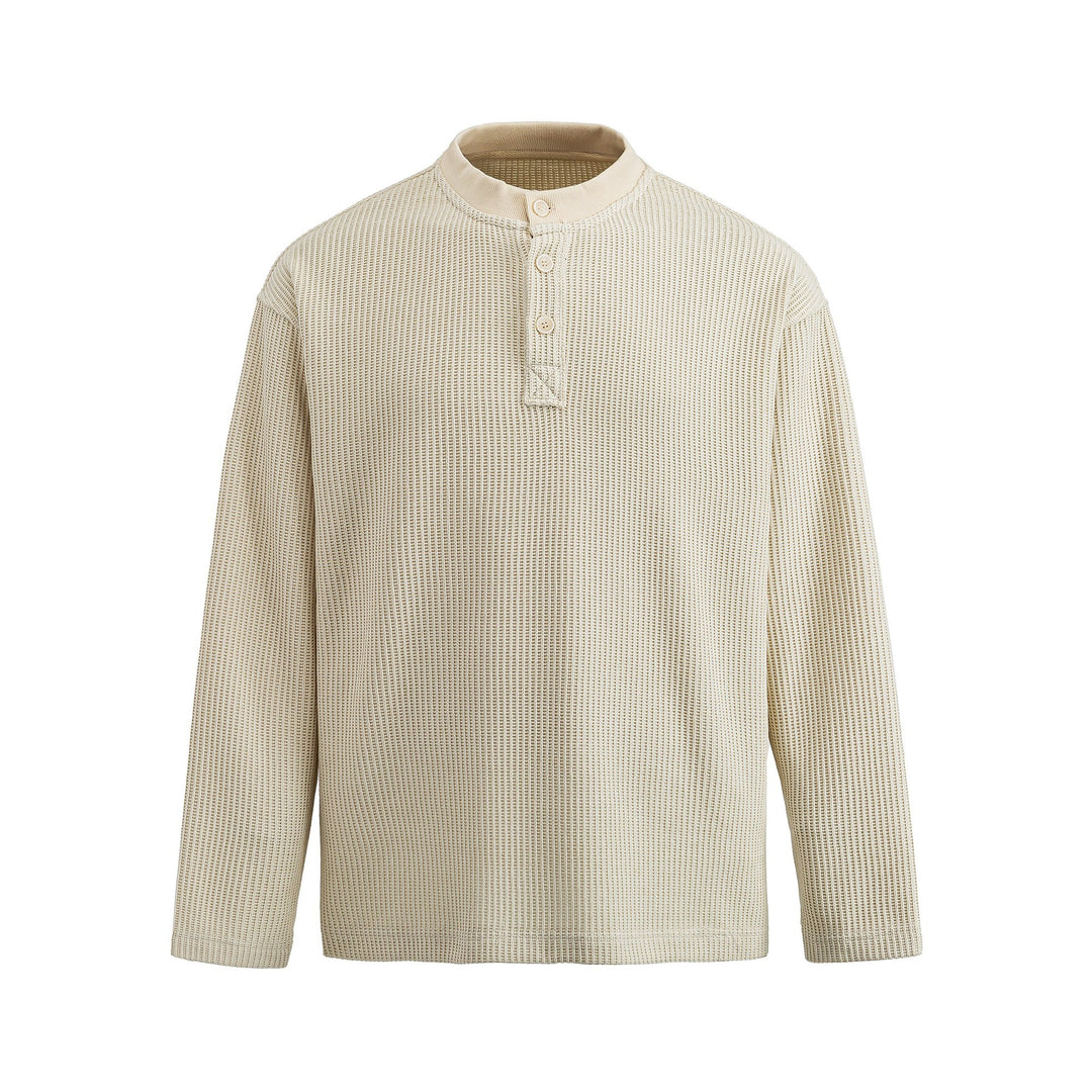 Herren Waffelstrick-Henley mit Stehkragen und dreifacher Knopfleiste Drune