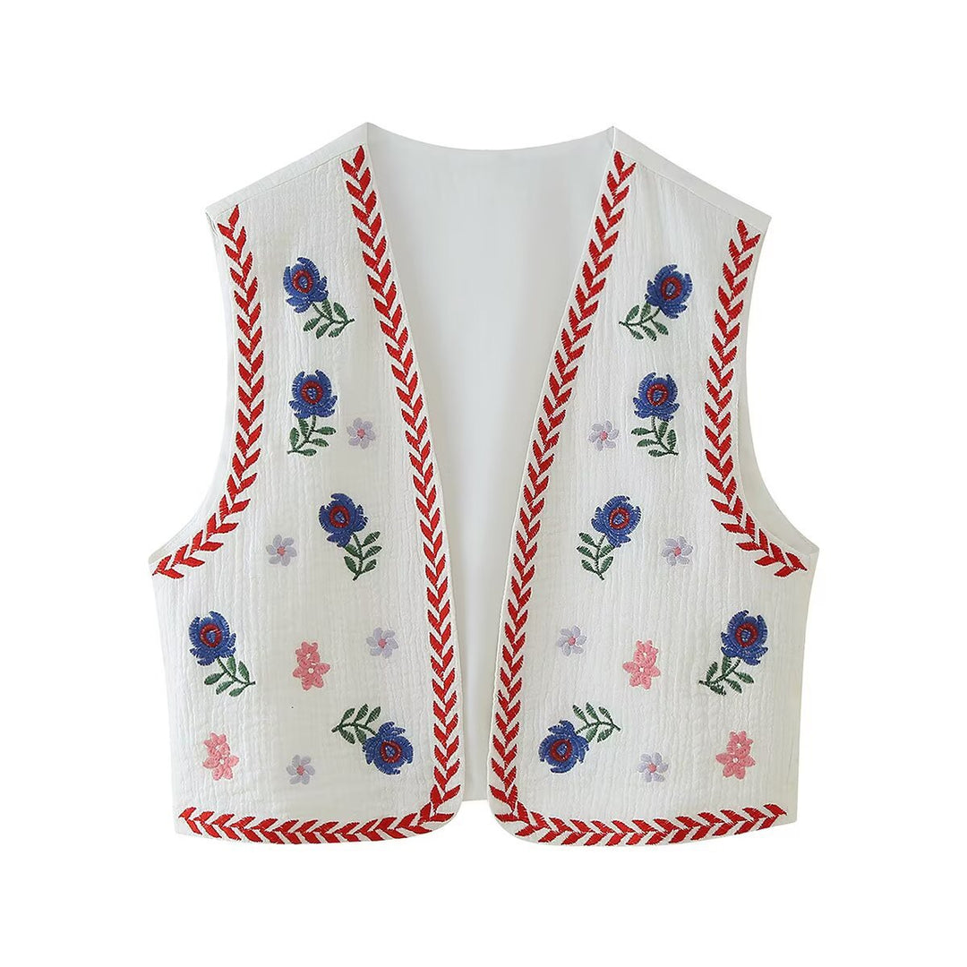 Damen Bestickte Baumwoll‑Weste im Boho‑Stil mit V‑Ausschnitt und Zierborte Drune