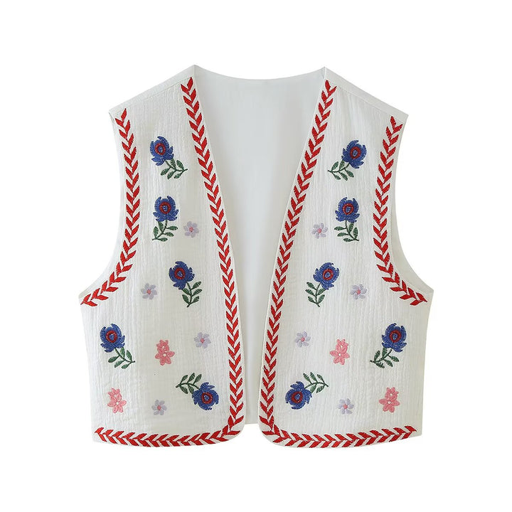 Damen Bestickte Baumwoll‑Weste im Boho‑Stil mit V‑Ausschnitt und Zierborte Drune