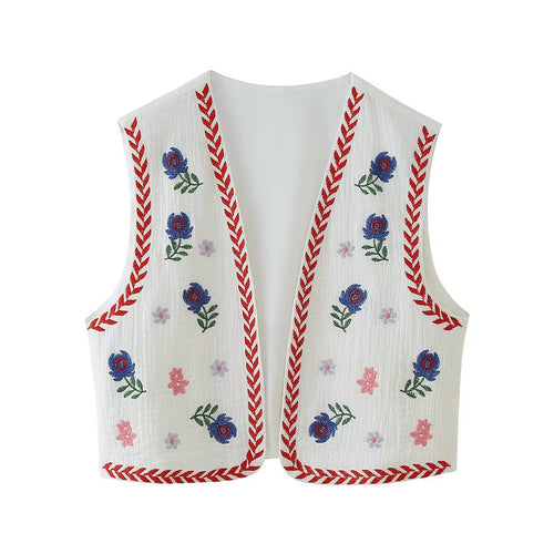 Damen Bestickte Baumwoll‑Weste im Boho‑Stil mit V‑Ausschnitt und Zierborte Drune
