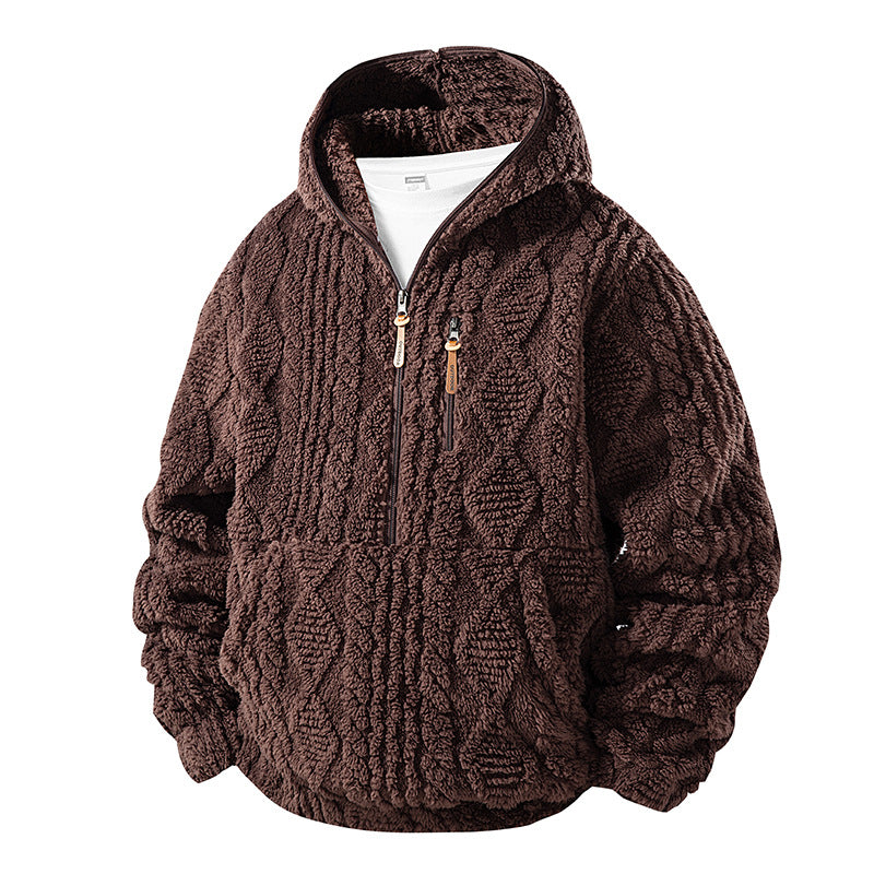 Herren Teddy-Fleece Halfzip-Kapuzenpullover mit Strukturstrick‑Optik, Brustreißverschluss und Kängurutasche Drune