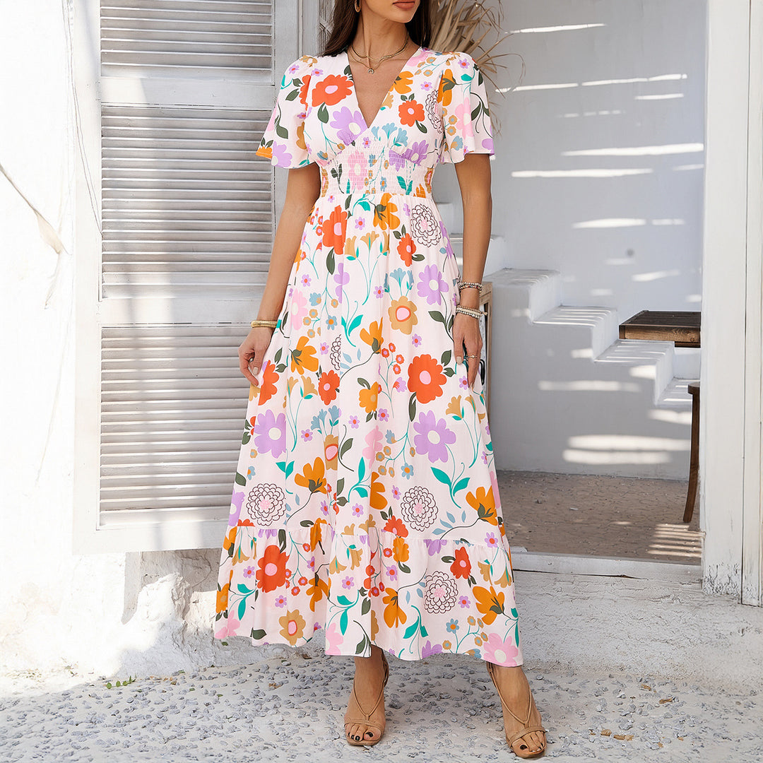 Damen Maxikleid mit raffiniertem V-Ausschnitt und eleganter Raffung Drune