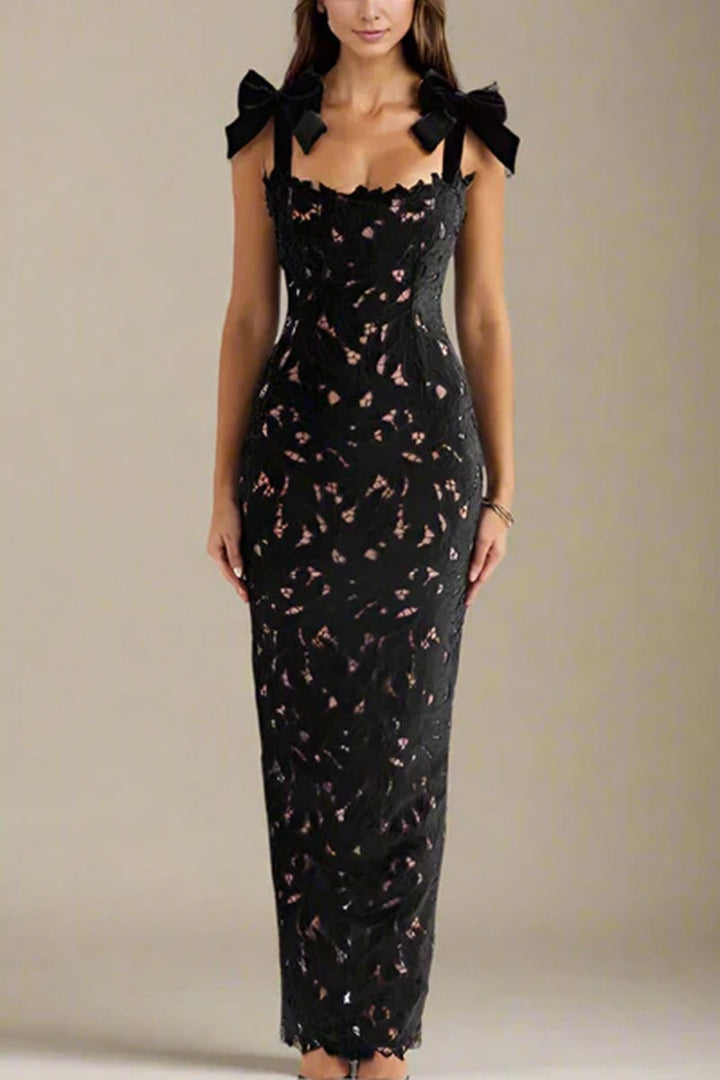 Damen Elegantes Spitzenkleid mit Schleifenärmel Drune