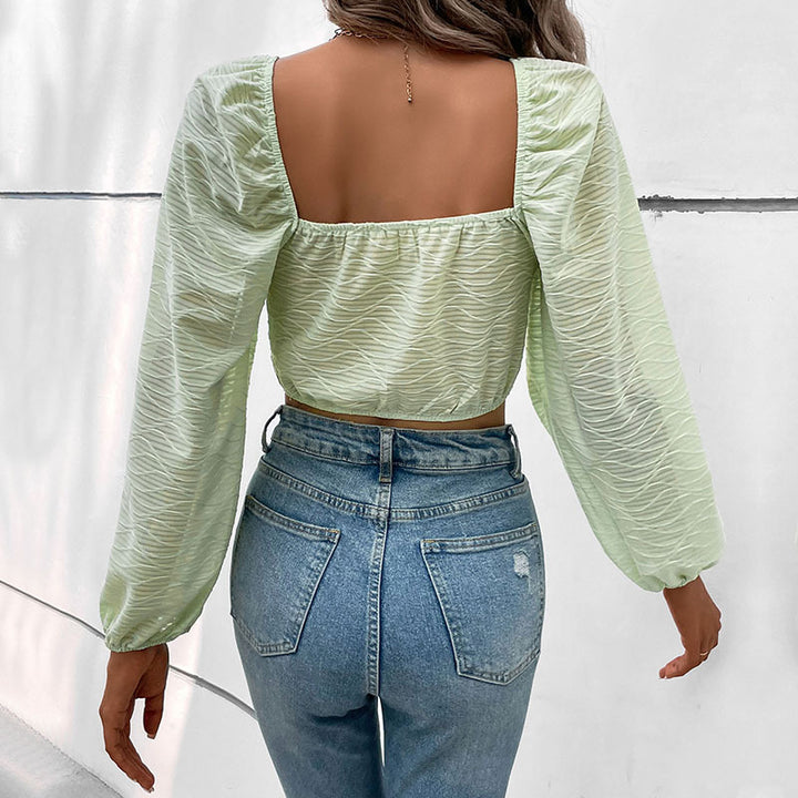Damen Kurzes Bustier-Cropped-Top mit herzförmigem Ausschnitt, Puffärmeln und strukturierter Chiffonoptik Drune