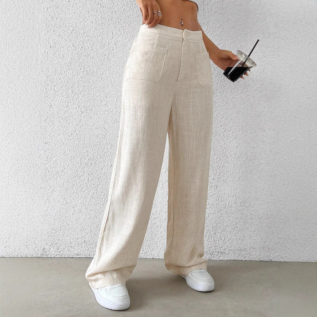 Damen Weit geschnittene Leinenhose mit elastischem Bund und praktischen Taschen Drune