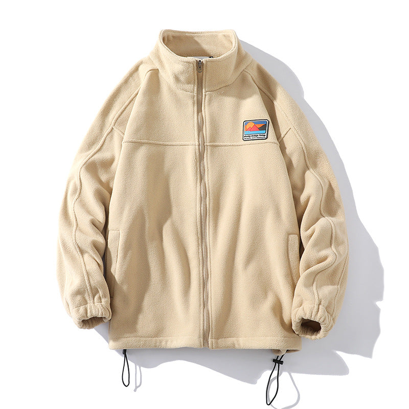 Herren Fleecejacke mit Stehkragen, durchgehendem Reißverschluss, elastischem Tunnelzug und Badge Patch Drune