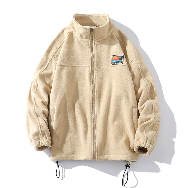 Herren Fleecejacke mit Stehkragen, durchgehendem Reißverschluss, elastischem Tunnelzug und Badge Patch Drune