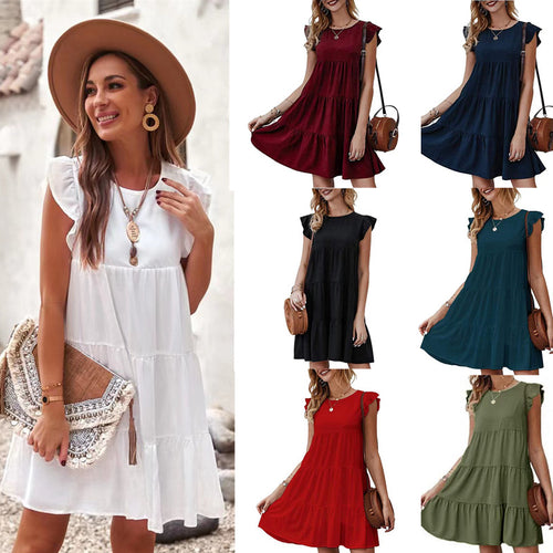 Damen Stufen-Kleid mit Rüschenärmeln und lockerem A‑Linien-Schnitt Drune