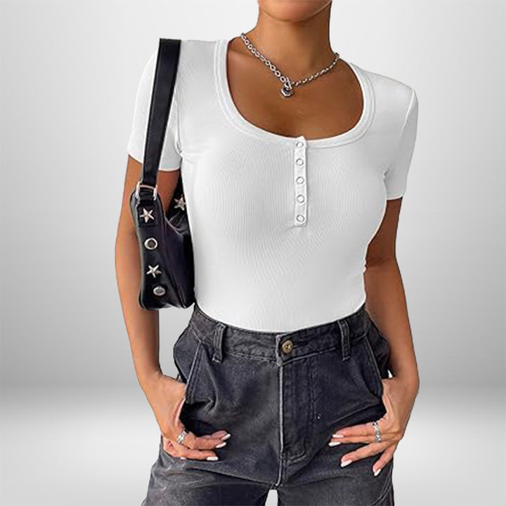 Damen Kurzarm Bodysuit mit Knopfdetails und figurbetonter Silhouette Drune