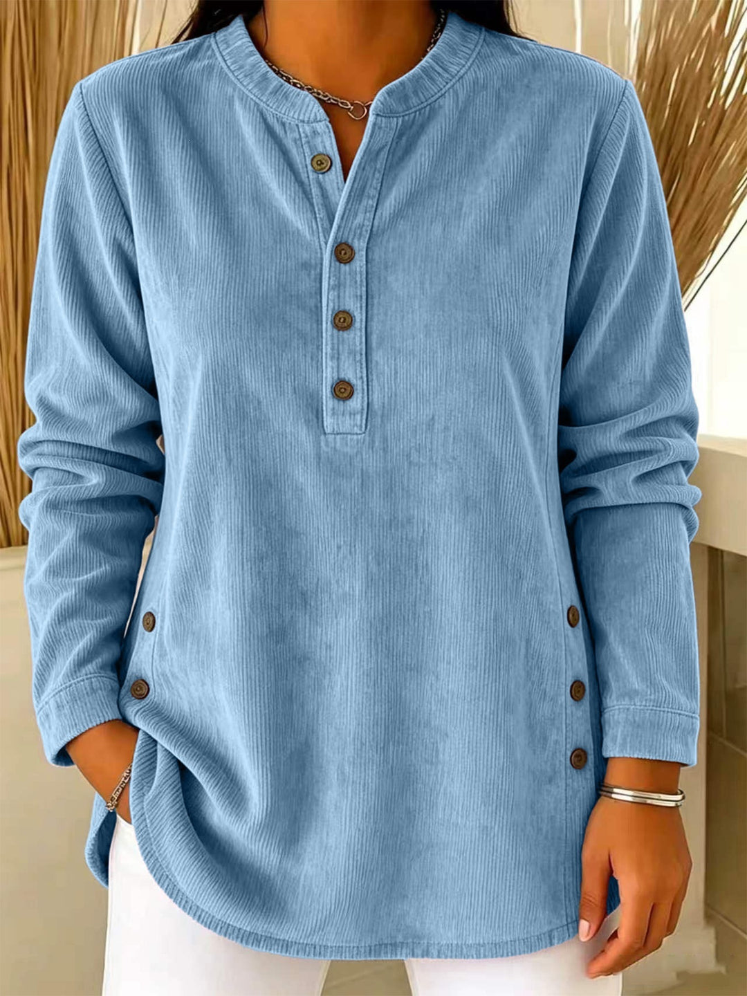 Damen Lässige Cordoptik‑Tunika mit Henley‑Kragen und Seitenknöpfen Drune