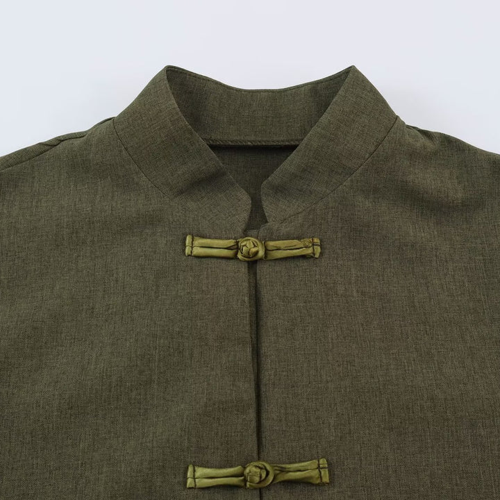 Damen Boxy Leinenblend-Jacke mit Stehkragen und chinesischen Knebelverschlüssen Drune