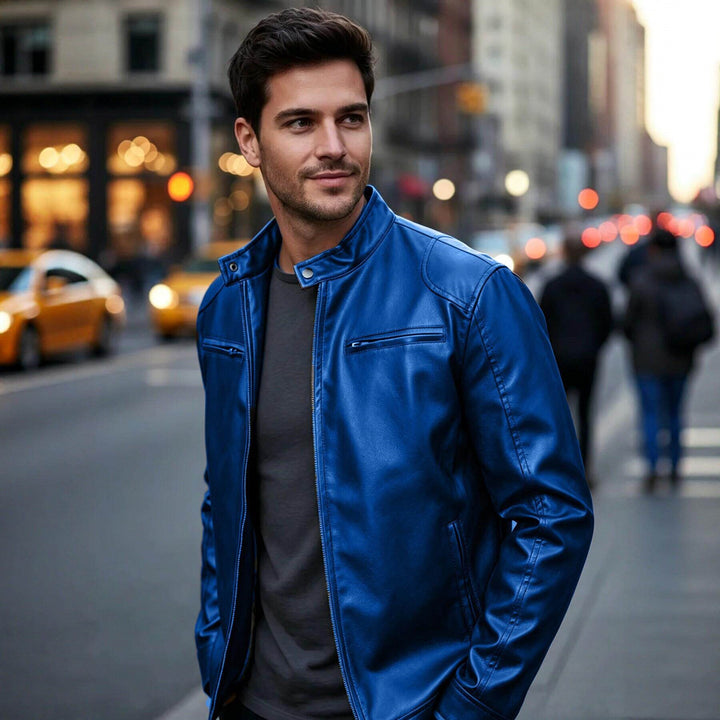 Herren Biker‑Style Kunstlederjacke mit Stehkragen und Reißverschlusstaschen Drune