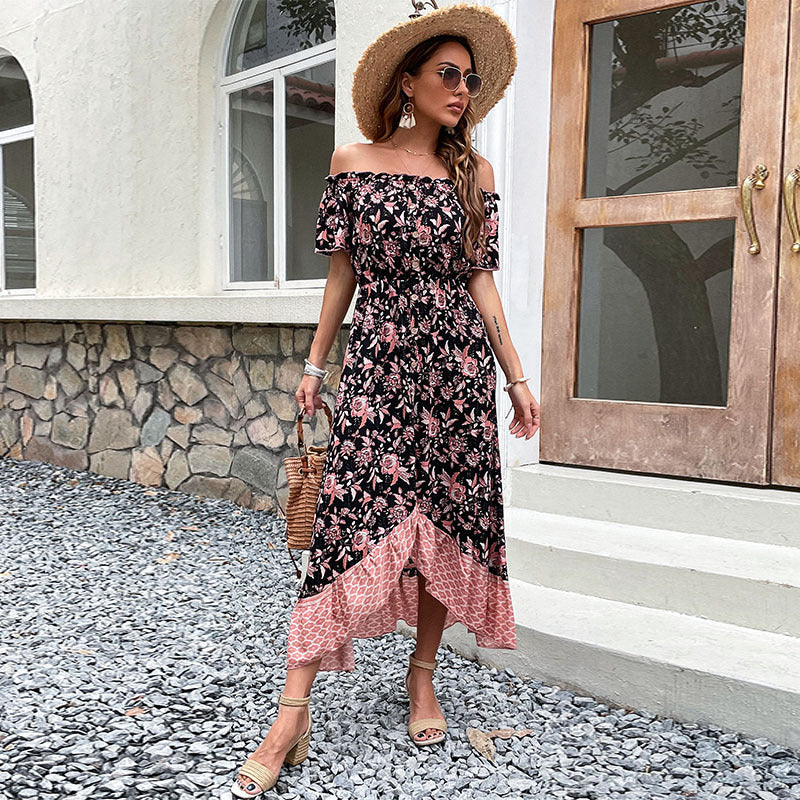 Damen Schulterfreies Boho-Maxikleid mit elastischer Smok-Taille, floralem Patchwork und hohem Seitenschlitz Drune