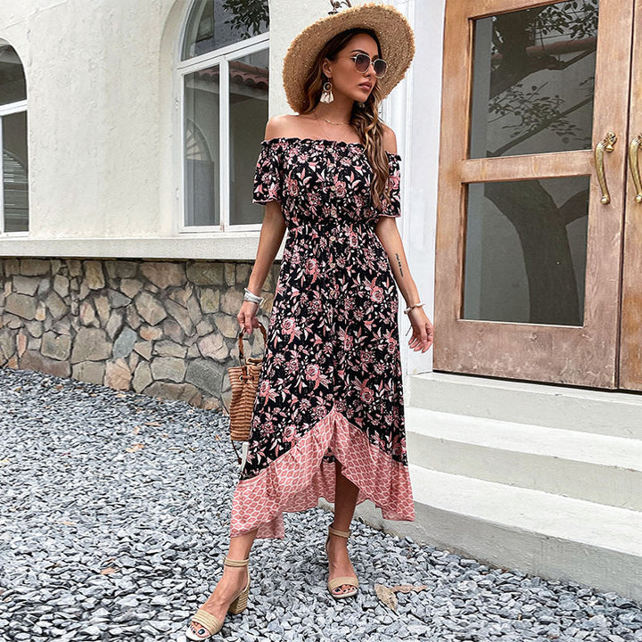 Damen Schulterfreies Boho-Maxikleid mit elastischer Smok-Taille, floralem Patchwork und hohem Seitenschlitz Drune