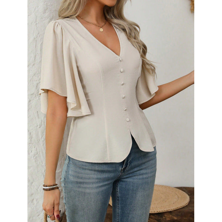 Damen Bluse mit fließenden Ärmeln und V-Ausschnitt Drune