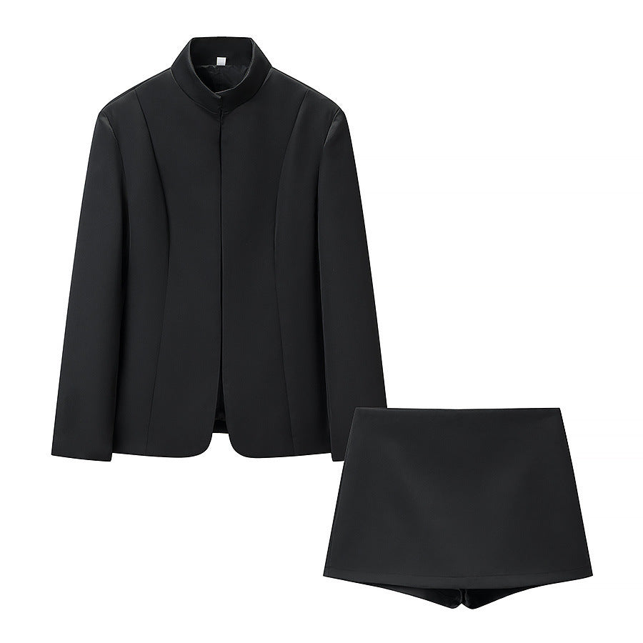 Damen Taillierte Blazerjacke mit Stehkragen und passendem Shorts-Rock Set Drune