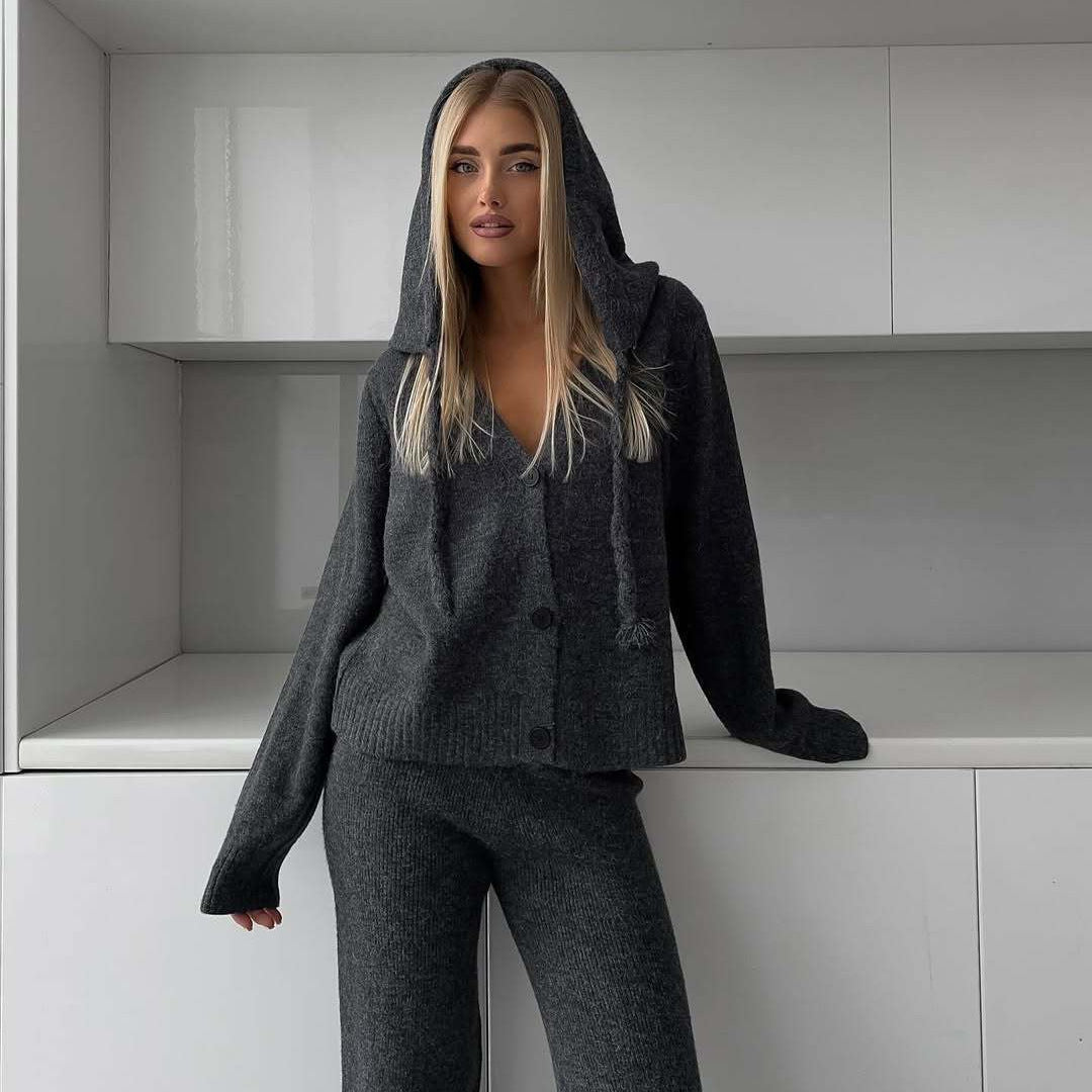 Damen kuscheliges Feinstrick-Cardigan-Set mit V-Ausschnitt und hochgeschnittener Schlaghose Drune