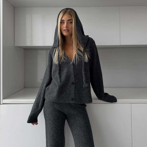Damen kuscheliges Feinstrick-Cardigan-Set mit V-Ausschnitt und hochgeschnittener Schlaghose Drune