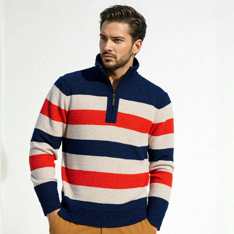 Herren Gestreifter Halbzip-Strickpullover mit Stehkragen und robuster Struktur Drune