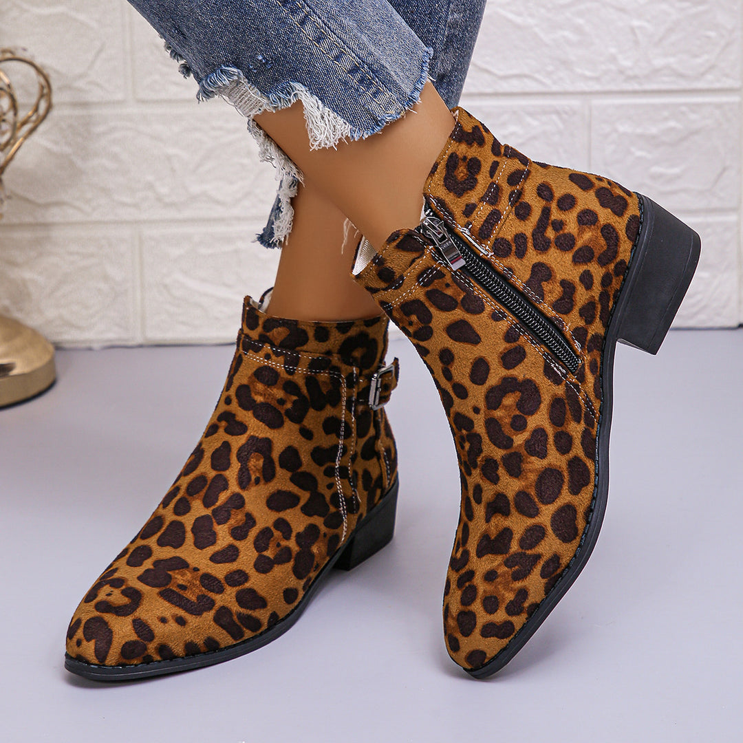 Damen Leo-Muster Ankle Boots mit Reißverschluss und Blockabsatz Drune