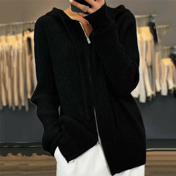 Damen nan oversized Rippstrick-Kapuzencardigan mit Zwei-Wege-Reißverschluss und Kaschmir-Blend Drune
