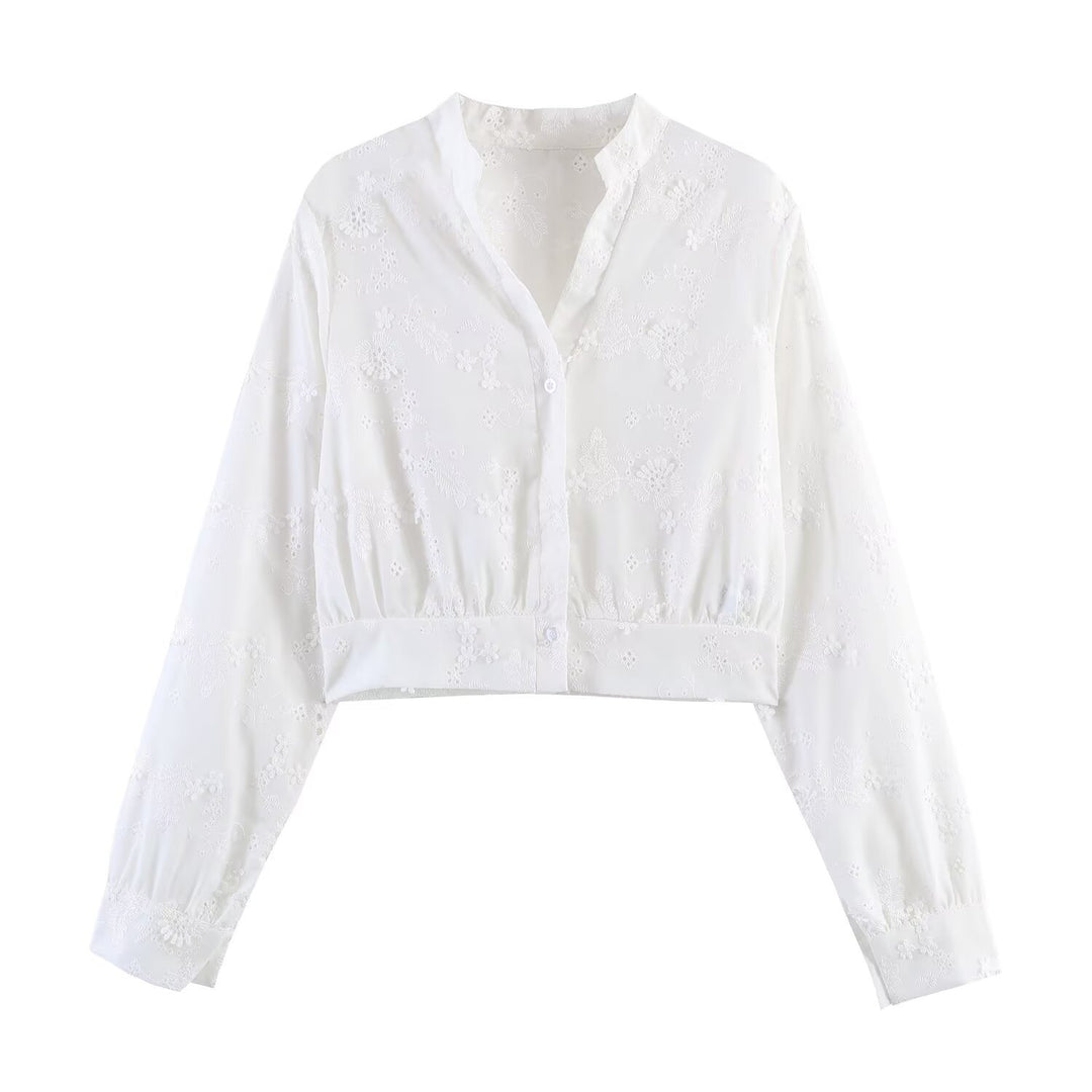 Damen Bestickte Cropped-Bluse mit Stehkragen, Lochstickerei und tailliertem Bund Drune