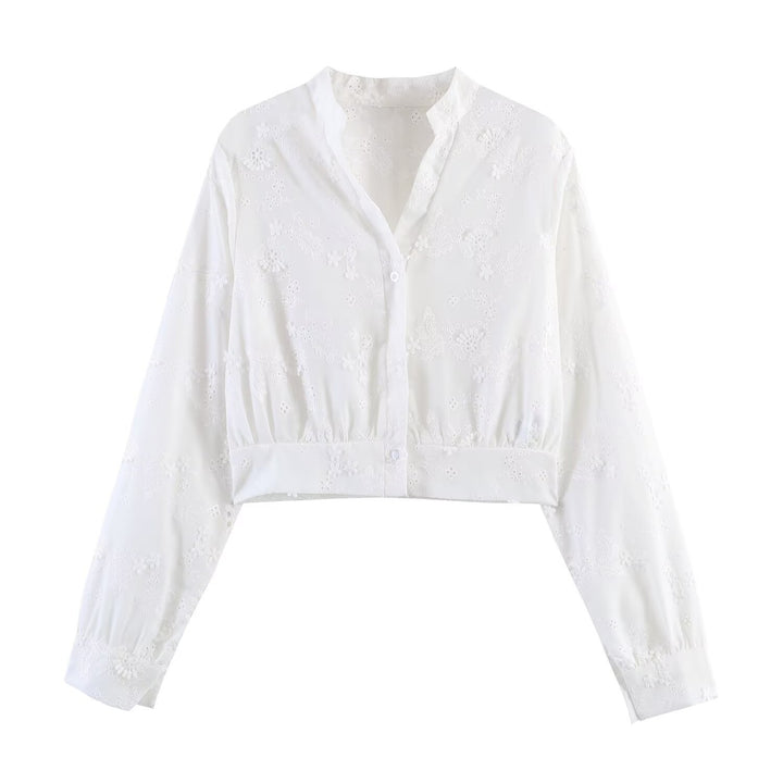 Damen Bestickte Cropped-Bluse mit Stehkragen, Lochstickerei und tailliertem Bund Drune