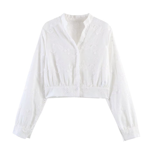 Damen Bestickte Cropped-Bluse mit Stehkragen, Lochstickerei und tailliertem Bund Drune