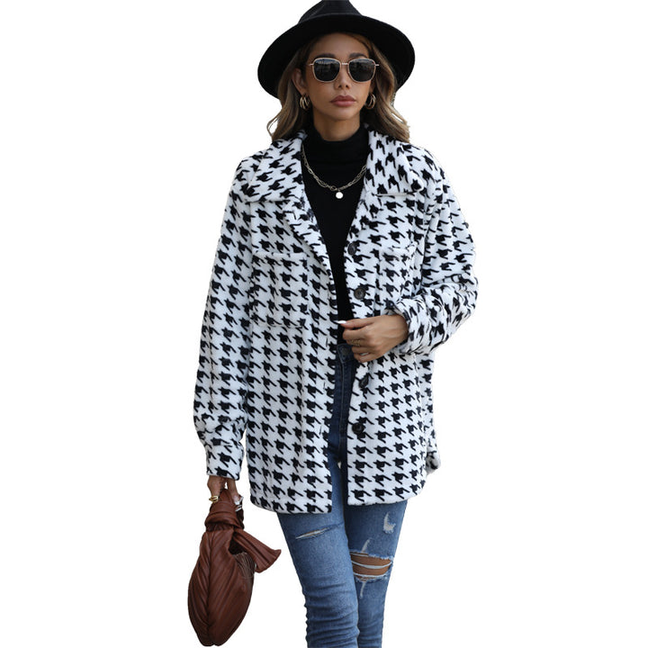Damen Modische Plüschjacke mit Hahnentrittmuster und praktischen Taschen Drune