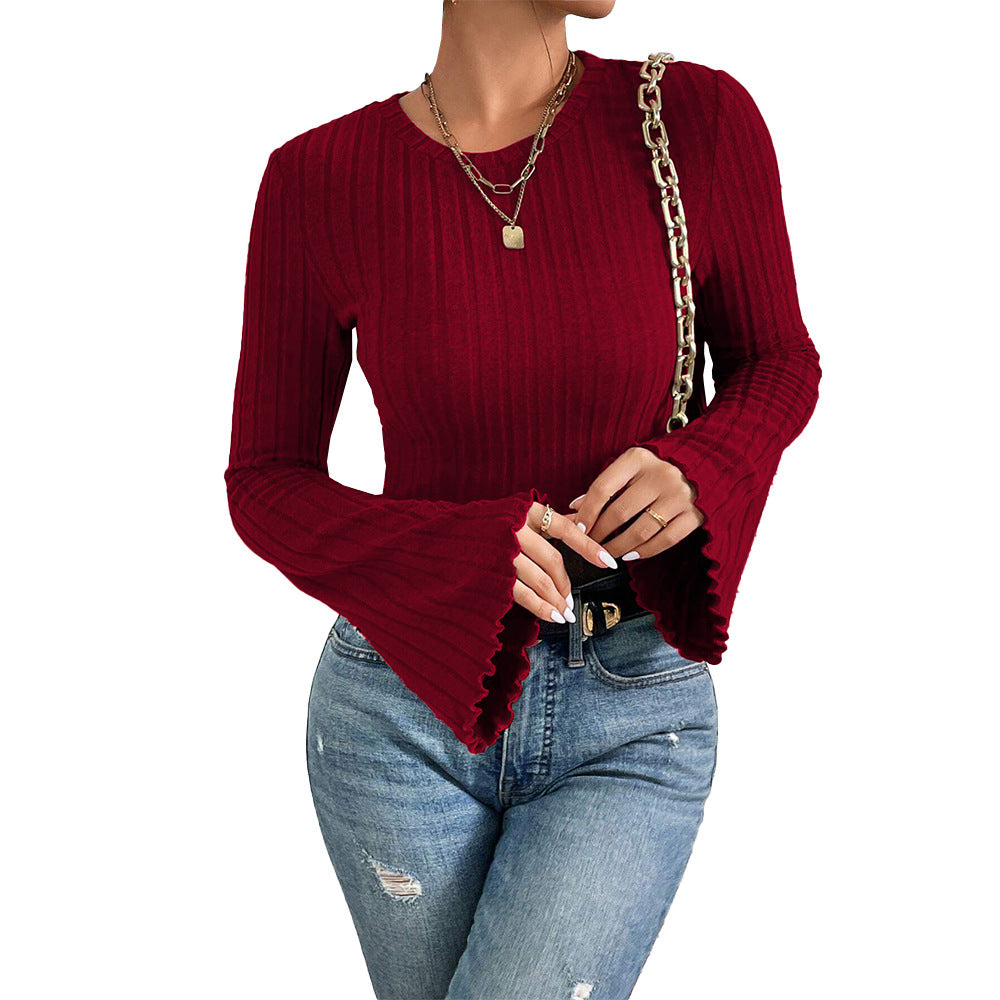 Damen Langarmshirt mit elegantem Rippdesign und ausgestellten Ärmeln Drune