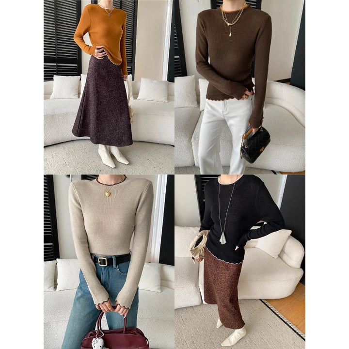 Damen eleganter Pullover mit wellenförmigem Saum und feiner Rippstruktur Drune