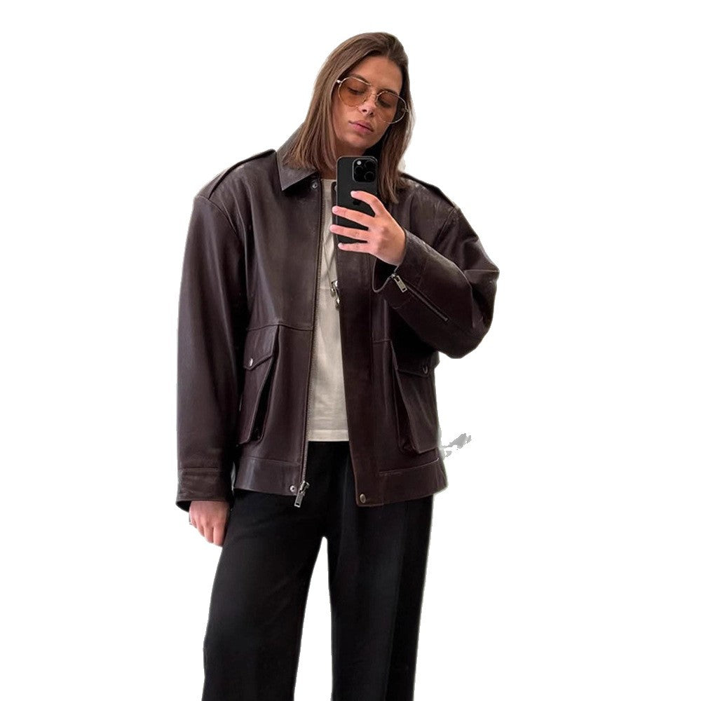 Damen stylische Lederjacke mit praktischen Taschen und modernem Schnitt Drune
