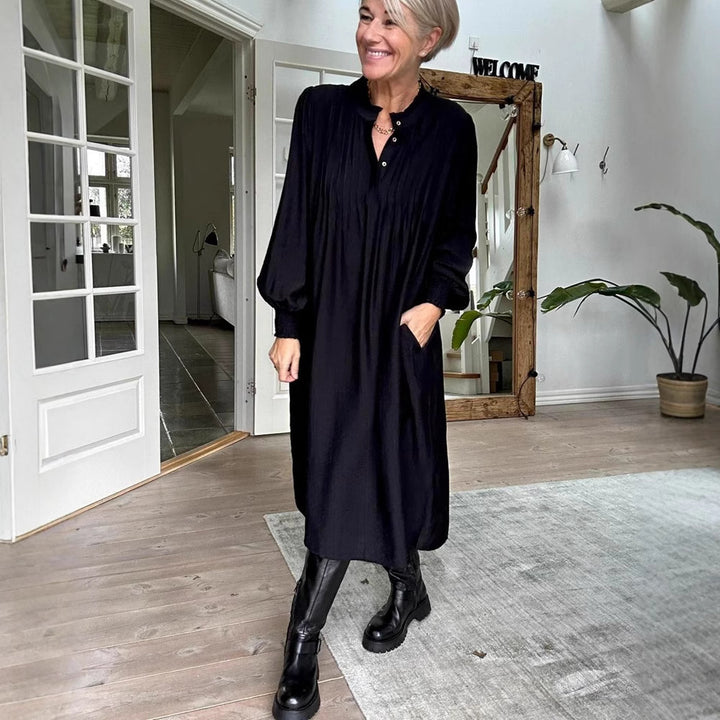 Damen nan lockeres Midikleid mit feiner Plissee-Optik, Stehkragen, kurzer Knopfleiste, gesmokten Manschetten und Eingrifftaschen Drune