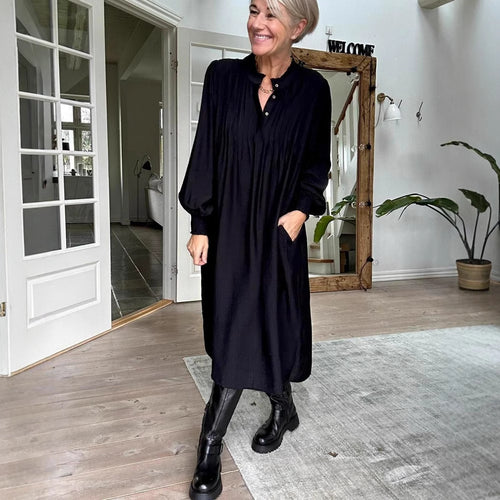 Damen nan lockeres Midikleid mit feiner Plissee-Optik, Stehkragen, kurzer Knopfleiste, gesmokten Manschetten und Eingrifftaschen Drune