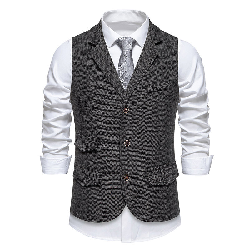 Herren Tweed-Weste mit Fischgrätstruktur, Reverskragen und Pattentaschen Drune