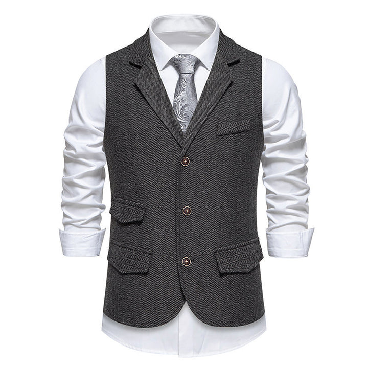 Herren Tweed-Weste mit Fischgrätstruktur, Reverskragen und Pattentaschen Drune