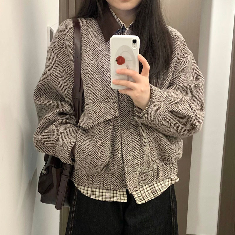 Damen lässige Wolljacke mit Karomuster Drune