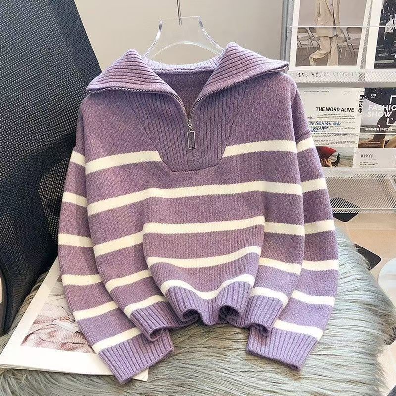 Damen lässiger Strickpullover mit hohem Kragen und Reißverschluss Drune