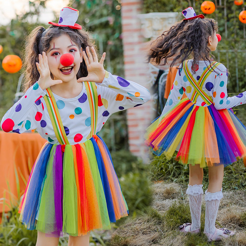 Mädchen Clownkostüm mit bunten Punkten und Tüllrock Drune