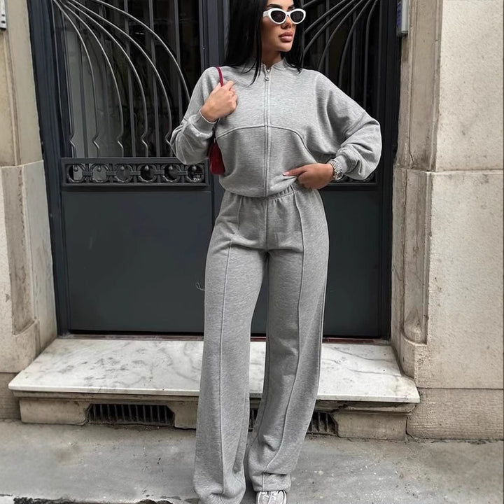 Damen nan Oversize Reißverschlussjacke mit weiter High-Waist Loungehose Set Drune