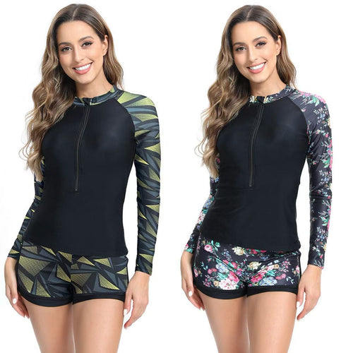 Damen Sportlicher Langarm Surfanzug mit Reißverschluss und Shorts Drune