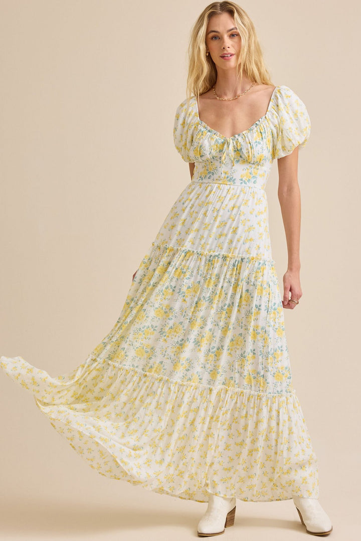 Damen Maxikleid mit blumigem Design und hochwertigen Puffärmeln Drune