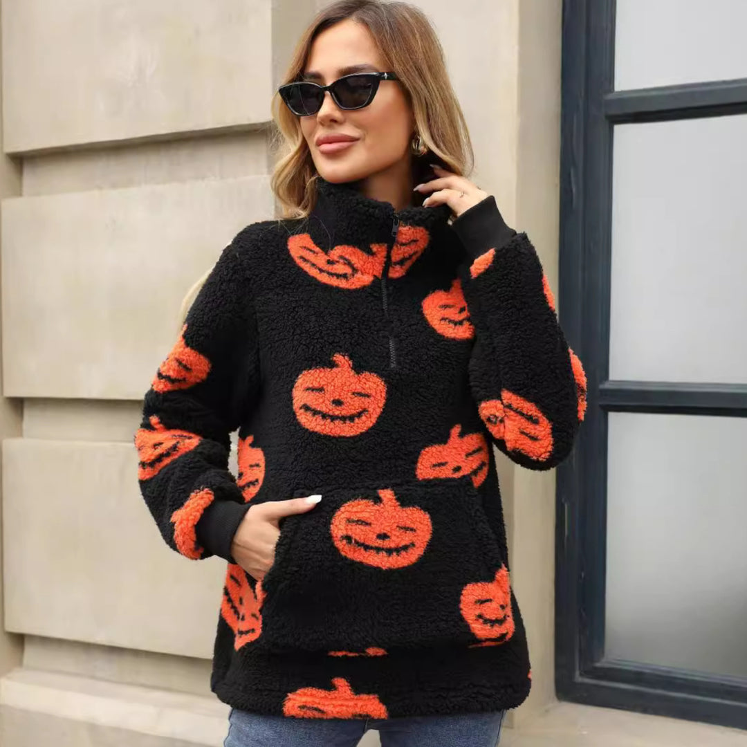 Damen Plüschpullover mit Halloween-Motiv und praktischen Taschen Drune