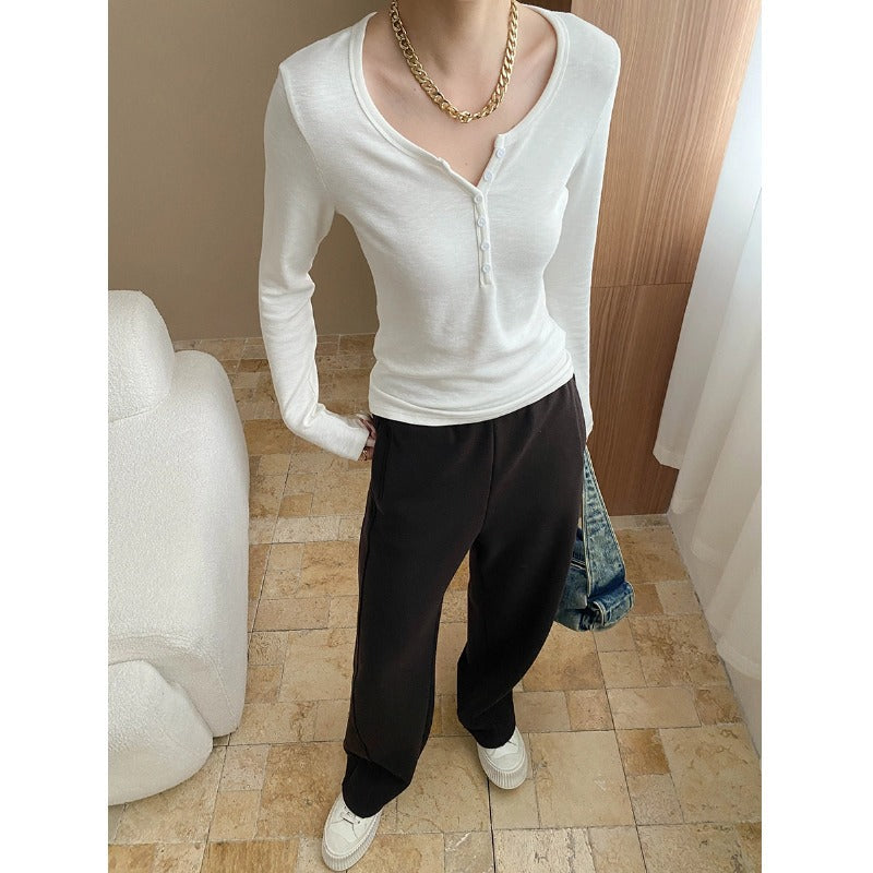 Damen Langarm Henley Shirt mit dekorativen Knopfdetails und feinem Rippenstrick Drune