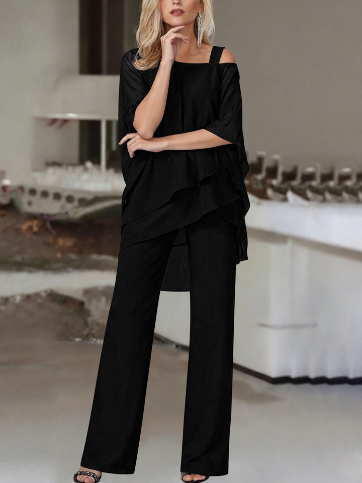 Damen Elegantes Chiffon-Zweiteiler mit Lagen‑Tunika, asymmetrischem Ein‑Schulter‑Detail und weiter Palazzohose Drune