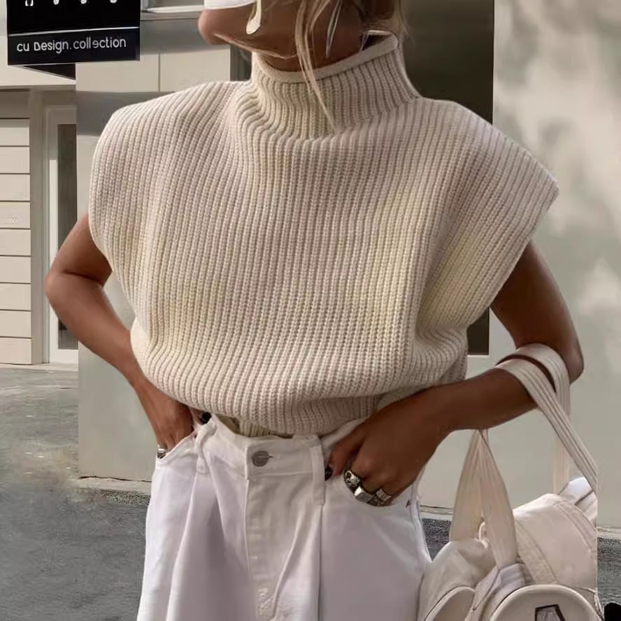 Damen Stricktop mit Stehkragen und Puffärmeln Drune
