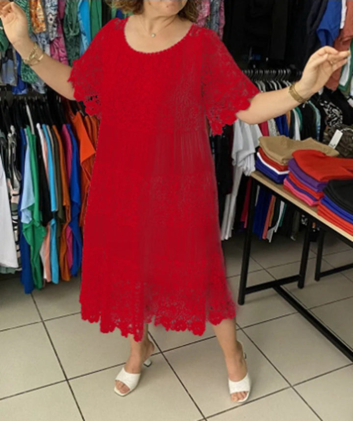 Damen nan mehrlagiges Spitzen-Midikleid mit plissierten Einsätzen und Volantärmeln Drune