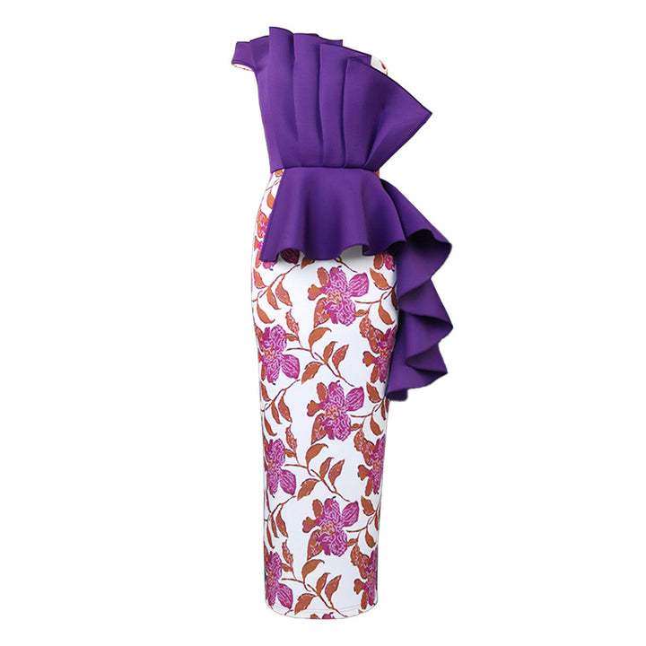 Damen elegantes Kleid mit asymmetrischem Rüschendesign und floralen Mustern Drune