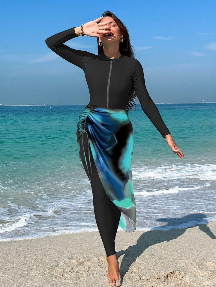 Damen Sportlicher Langarm-Schwimmanzug mit Wickeldesign Drune