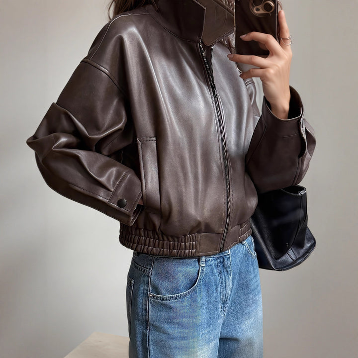 Damen Oversize Kunstlederjacke im modernen Look mit praktischem Reißverschluss und elastischem Bund Drune